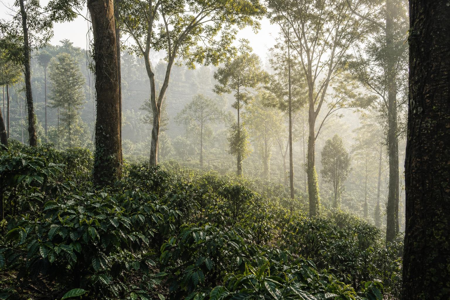 Coffee — Shaded estate on misty hillside