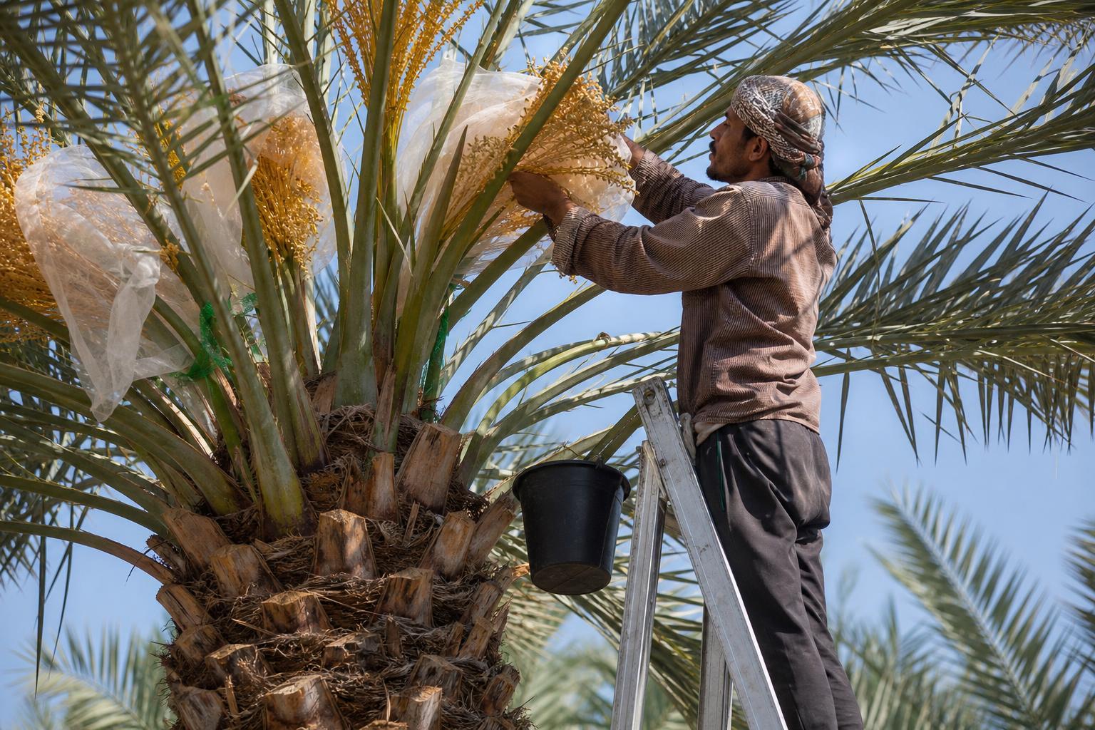 Dates — Manual pollination at canopy