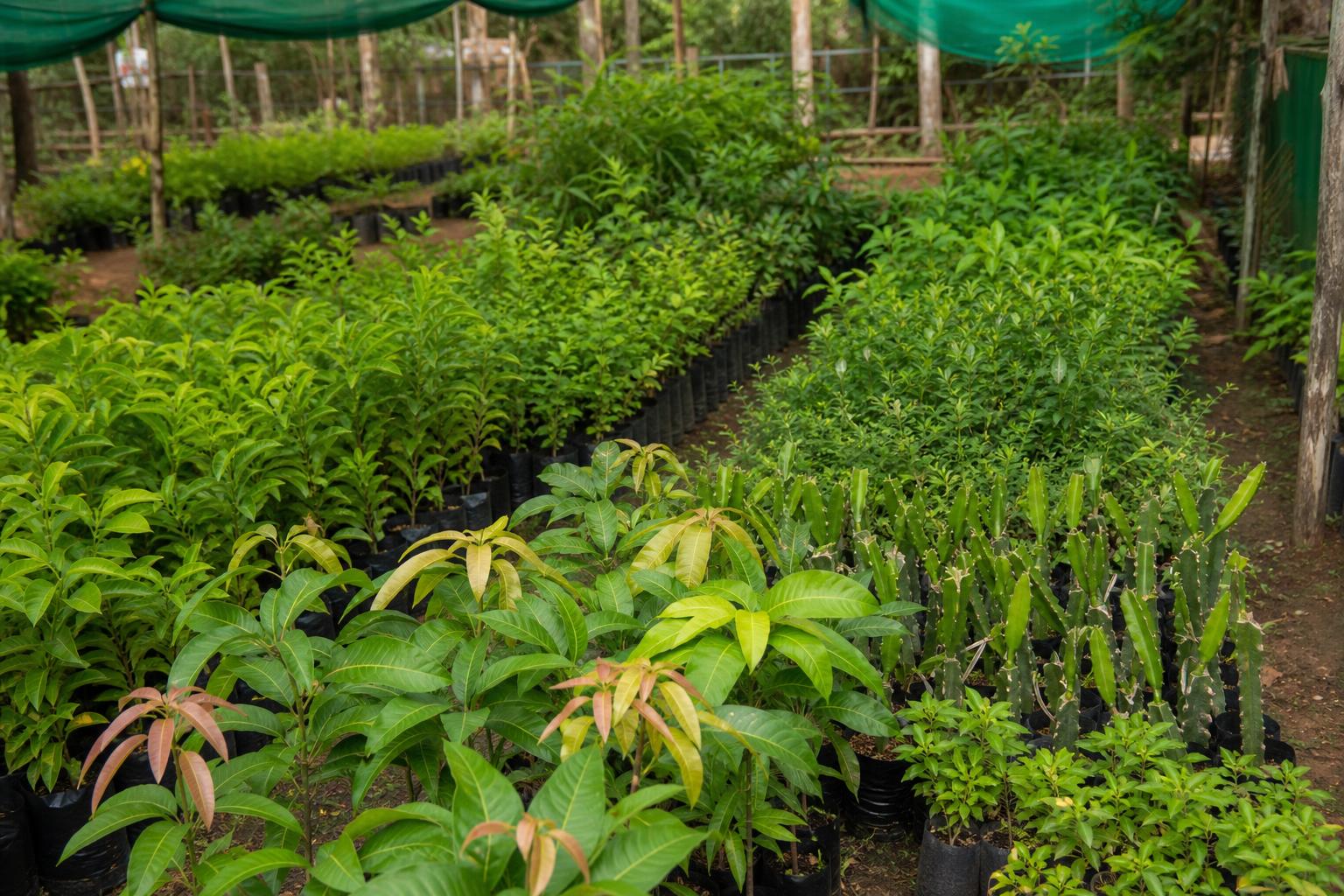 Group of healthy nursery plants and saplings